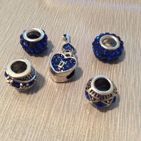 🍒 5PC DARK BLUE BEAD CHARMS HEART KEY NECKLACE NAVY WIDE HOLE SPARKLE DIAMOND - Picture 5 of 7